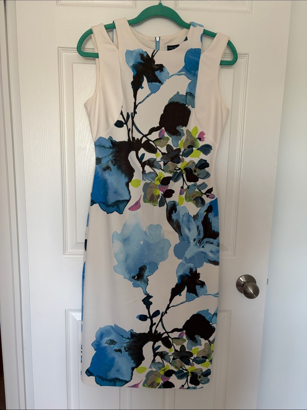 Gabby Skye White Midi Dress with Blue Floral Print